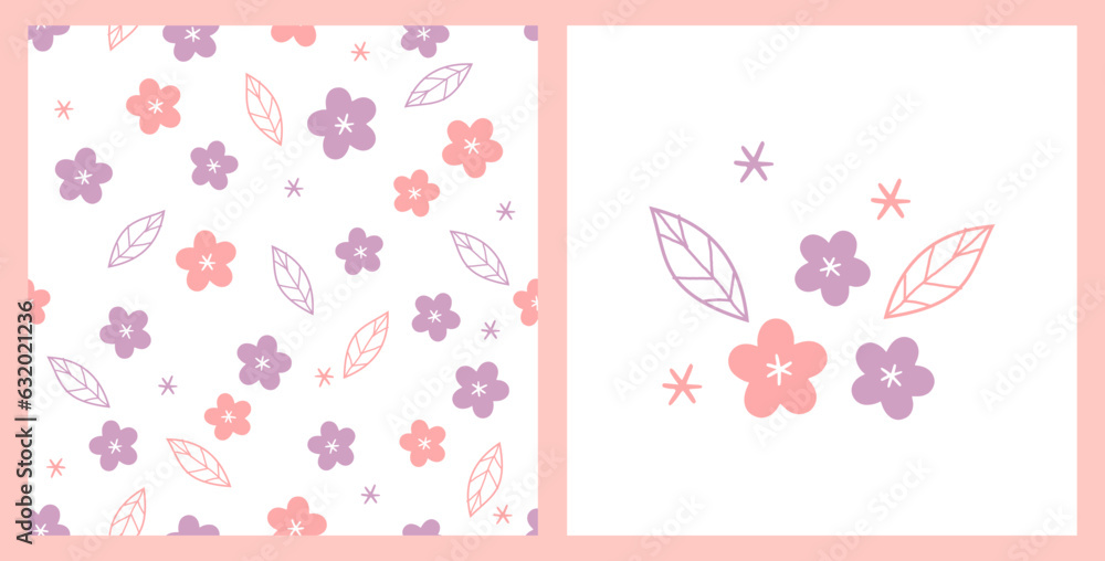 Seamless pattern with Cherry blossom Sakura flower and hand drawn leaves on white background vector illustration. Cute floral card.