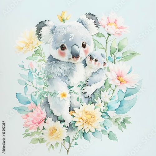 mom and cute baby Koala hugging among pastel flowers, illustration animals painted with watercolors, for decoration greeting cards, invitations, prints, textile or wall art