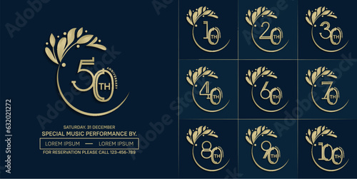 set of anniversary logotype golden color with swoosh and ornament for special celebration event
