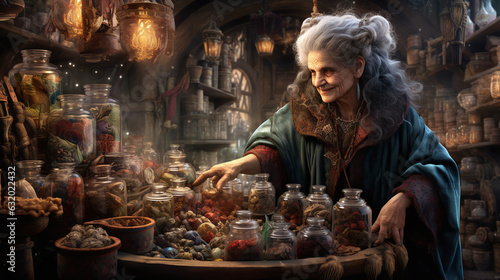 Witch with potions. Ratio 16:9. Generative AI