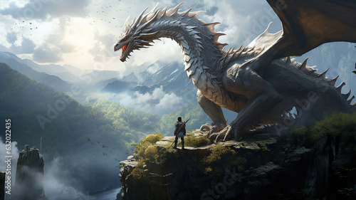 A man standing close to Dragon, Ratio 16:9. Generative AI