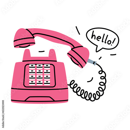 Pink Landline or Wireline Home Phone as Telephone Connection Vector Illustration