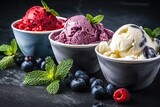 Various of ice cream flavor whit fresh blueberry, strawberry, kiwi, lemon, vanilla setup on rustic background.