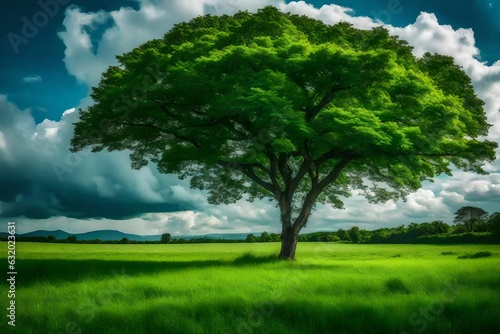 green tree on a field under the clouds  Created using generative AI tools