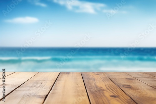 Wooden table top on blurred blue sea background
