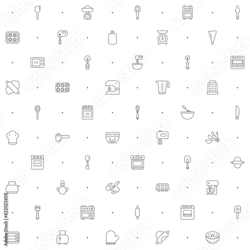 Seamless pattern with baking tool icon on white background. Included the icons as kitchen utensils, equipment, apron, kitchenware, bakery, scales, dough, rolling pin, oven And Other Elements.