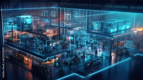 Industry. Smart factory interior showcases machines, efficient workstations, and automated production lines, optimizing the manufacturing process for improved performance. The concept of optimal work