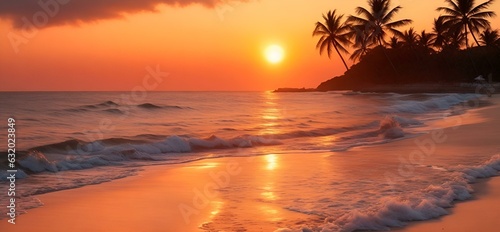 Sunset dramatic sky on sea, tropical desert beach