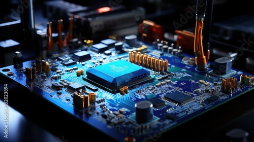 A macro photograph capturing the intricate details of a cutting-edge microprocessor, highlighting its miniaturized components and circuitry that power the digital world