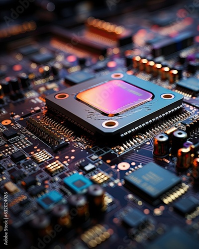 A macro photograph capturing the intricate details of a cutting-edge microprocessor, highlighting its miniaturized components and circuitry that power the digital world