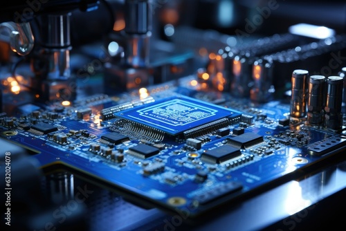 A macro photograph capturing the intricate details of a cutting-edge microprocessor, highlighting its miniaturized components and circuitry that power the digital world