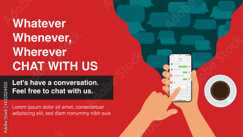 Hand holds the smartphone with messenger application. Instant communication with Smartphone Chat, Smart phone Messenger App for Instant Dialogue. Mockup with cartoon hand and smart-phone. Vector.