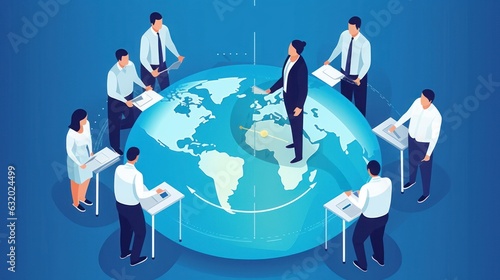 Global trade, investing. Business illustration. Team discussion around a round table with a map of the Earth, Generative AI