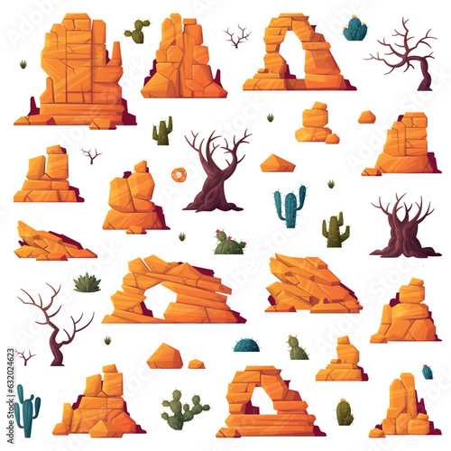 Rock, Cacti and Bare Trees as Desert Landscape Element Vector Set