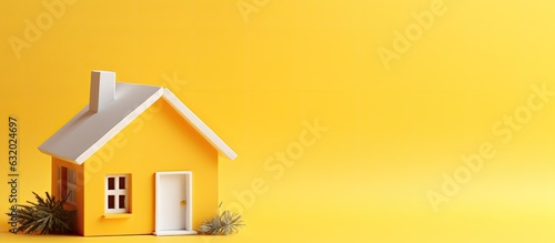 A minimalistic design is presented with a small white toy house, placed on a vibrant yellow background. symbolizes a dream home, mortgage property insurance, and a banner with copy space is displayed