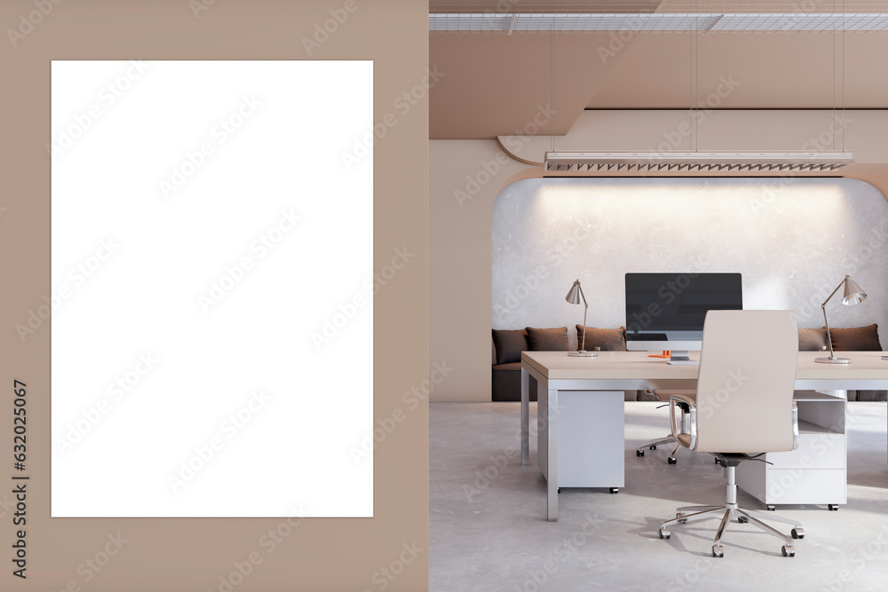 Contemporary coworking office interior with empty white mock up banner, furniture and equipment. 3D Rendering.
