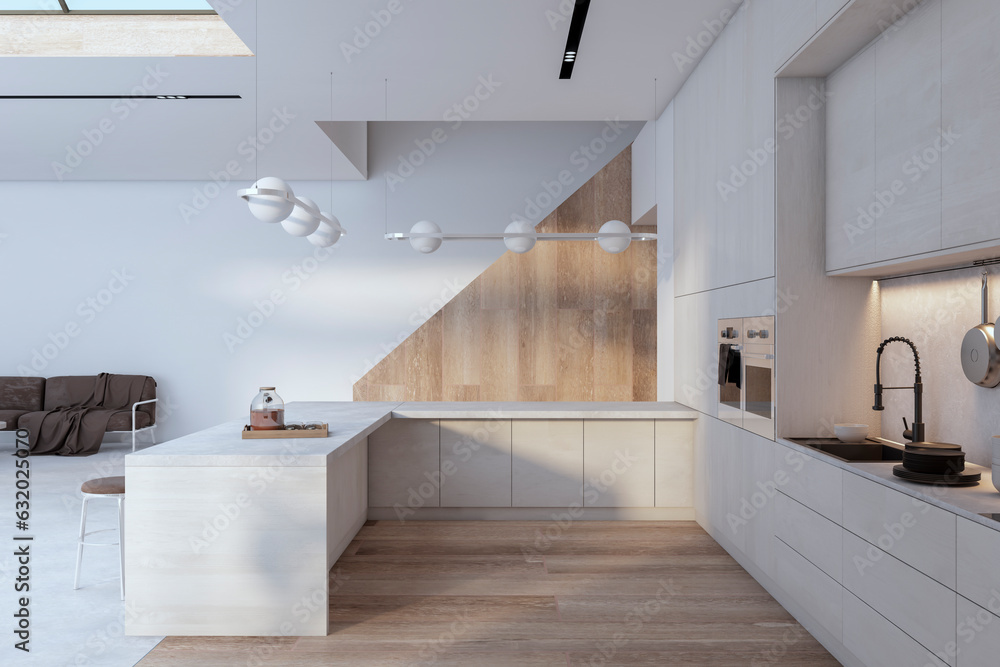 Fototapeta premium Modern white and wooden spacious kitchen interior with two floors, ceiling window with city view, equipment and daylight. 3D Rendering.