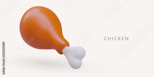 Baked 3D chicken leg. Color image of portioned meat dish. Delicious snack. Chicken leg drumstick barbecue. Template for menu section. Sign of meat department