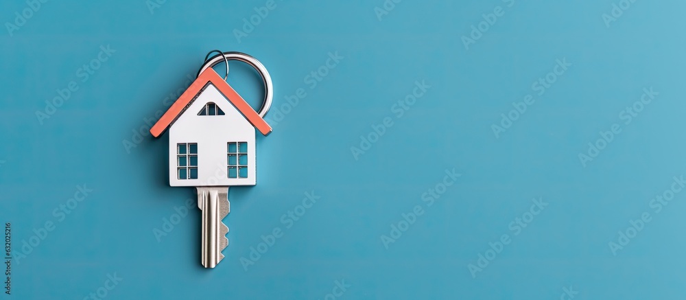 A silver key to a house, attached to a keychain, is shown against a blue background. empty space for copying onto the keychain. represents the idea of buying a new house and the real estate property