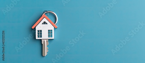 A silver key to a house, attached to a keychain, is shown against a blue background. empty space for copying onto the keychain. represents the idea of buying a new house and the real estate property photo