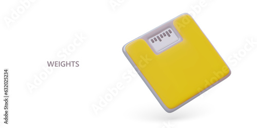 Realistic yellow floor scale with display. Electronic device for weighing. Food control, diet. Weight loss course. Vector banner on white background, place for advertising text, offer