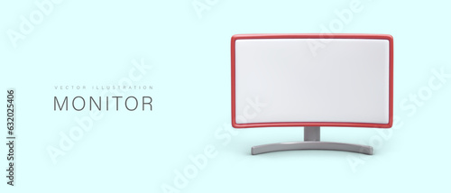 Thin curved blank monitor. Wide screen with improved view. Slim display on stand. Horizontal advertising template. Concept for online cinemas, stores selling monitors, TV