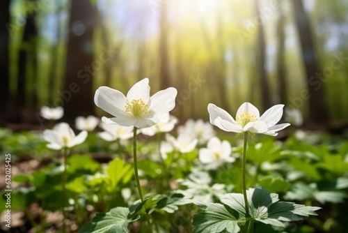 Beautiful white flowers of anemones in spring in a forest close-up in sunlight in nature. Spring forest landscape with flowering primroses, Generative AI © Anupam