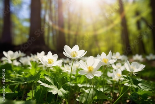 Beautiful white flowers of anemones in spring in a forest close-up in sunlight in nature. Spring forest landscape with flowering primroses, Generative AI
