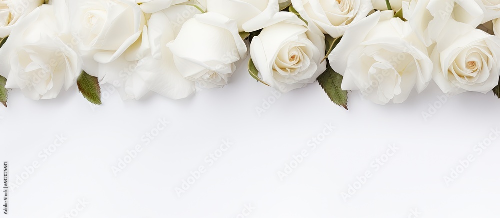 A banner for a website header design featuring a wedding bouquet of white roses on a white background with a soft focus. copy space available.