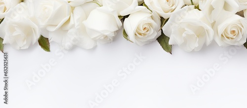 Obraz na płótnie A banner for a website header design featuring a wedding bouquet of white roses on a white background with a soft focus. copy space available. w salonie