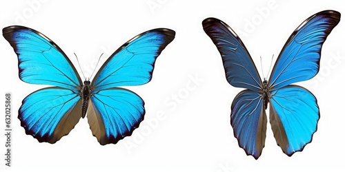 Set two beautiful blue tropical butterflies with wings spread and in flight isolated on white background, close-up macro, Generative AI