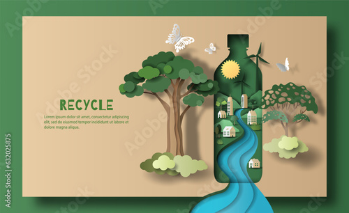 A bottle of water with a green city inside, the idea is to recycle old plastic bottles, think green, paper illustration, and 3d paper.