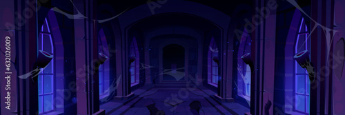 Abandoned castle corridor at night. Vector cartoon illustration of spooky hall in medieval royal palace with broken tiles on floor, dusty cobweb and empty torches on stone walls, scary dark hallway