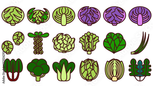 葉野菜のアイコンセット。シンプルなベクターイラスト。 Leafy vegetables icon set. Simple vector illustrations.
