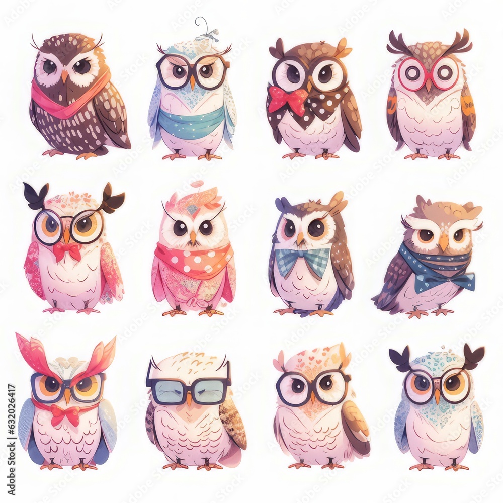 photorealistic Set of Owls with Glasses photorealistic Set of Owls with Glasses