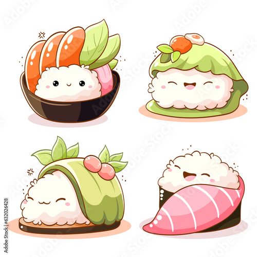 Set of cute sushi and rolls in kawaii style with smiling faces. Japanese traditional cuisine dishes. Can be used for t-shirt print, sticker, greeting card, menu design. Vector illustration EPS8  