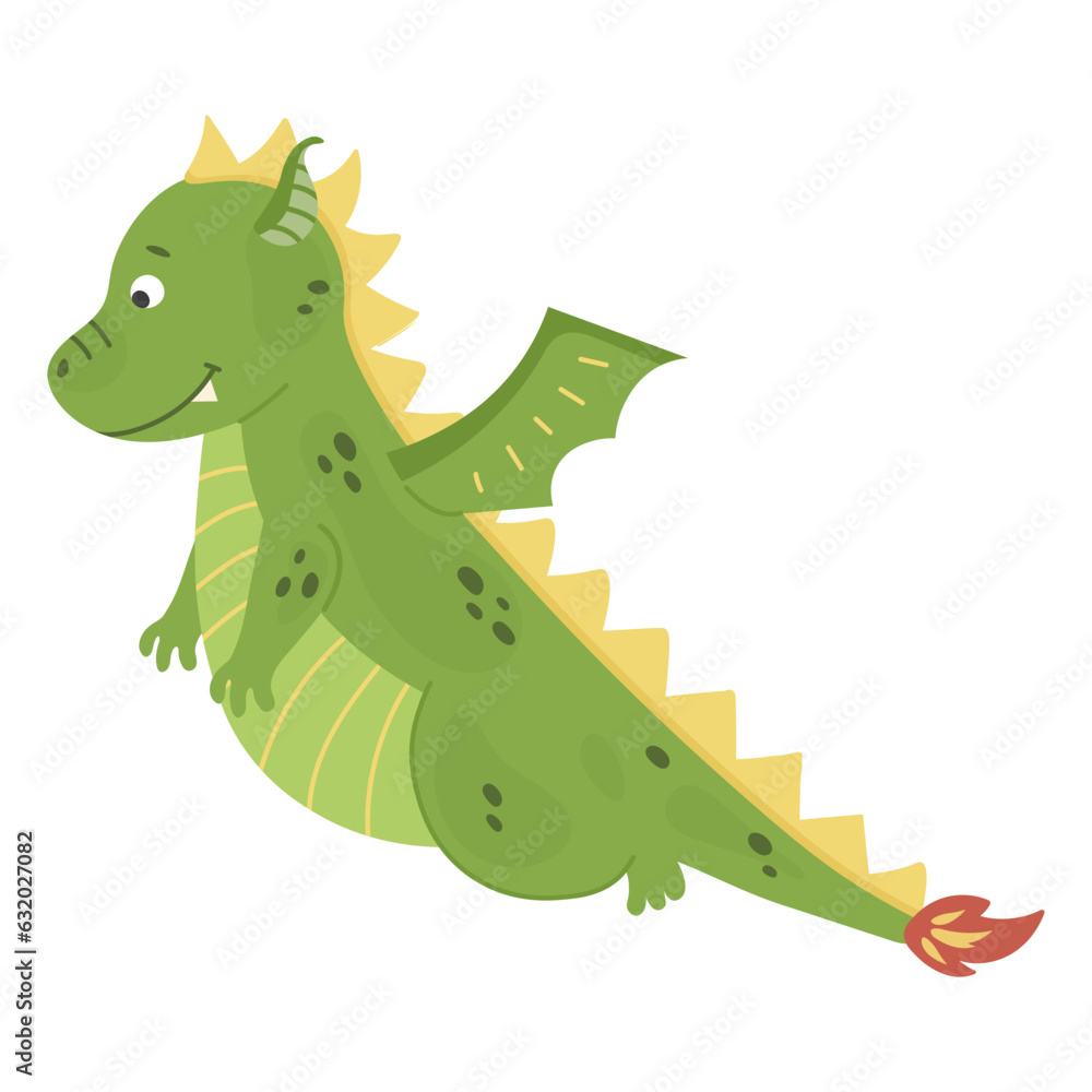 Fototapeta premium Flying cute green dragon, baby dinosaur for kids