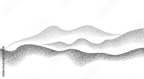 Grainy hills with dotted noise and grunge texture. Dotwork mountain grain pattern. Landscape and terrain in dotwork style. Stippled gradient mountains. Noisy stochastic background Pointillism texture