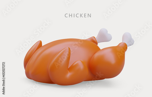 Realistic grilled chicken. Baked bird with crispy crust. Hearty meat dish. Tasty meal. Luxurious dinner. Color template for web design. Vector food concept