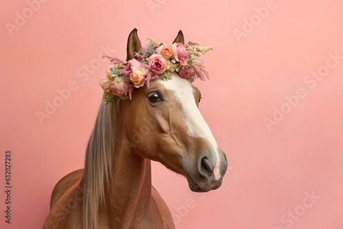 Portrait of horse with flowers on pastel background