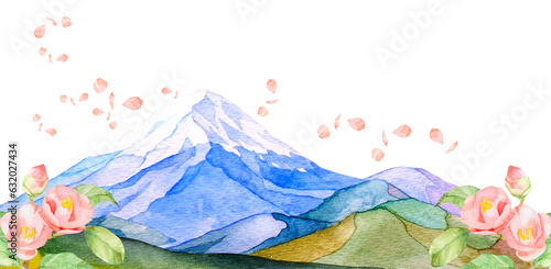 水彩で描いた富士山と椿の花の背景イラスト