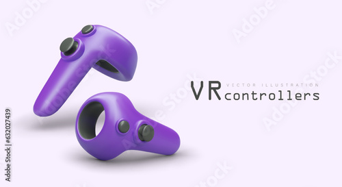 Pair of purple virtual reality controllers. Modern game devices, joystick of future. Gadget for controlling VR. Color commercial poster with text. Sale, rental, repair of equipment