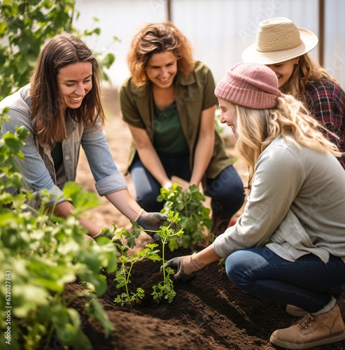 A group of friends are planting a tree in their community garden, nature stock photo