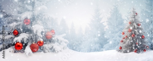 Beautiful Festive Christmas snowy background. Christmas tree decorated with red balls and knitted toys in forest in snowdrifts in snowfall outdoors, banner format, copy, Generative AI