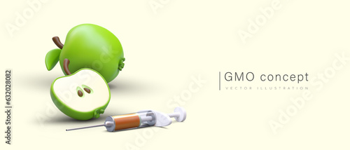 GMO concept. Realistic sliced green apple with filled syringe. Experiments on fruits. Interference with genetic code. Concept on light background with space for text