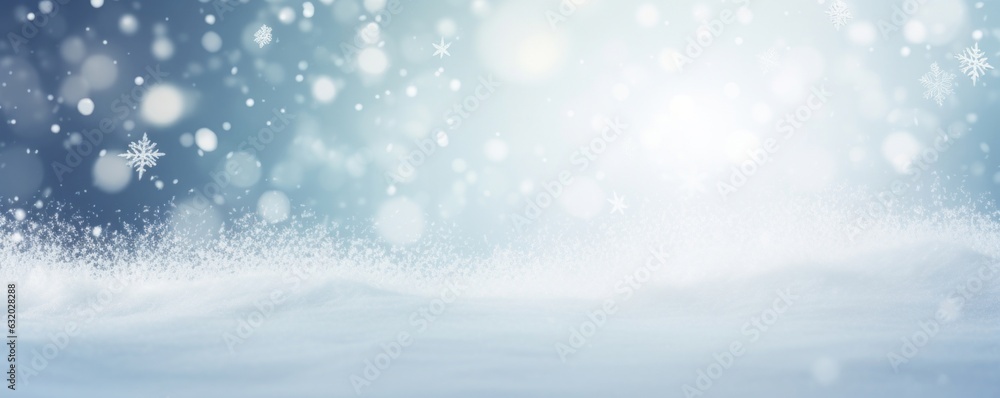Winter snow background with snowdrifts, with beautiful light and snow flakes on the blue sky, beautiful bokeh circles, banner format, copy space, Generative AI