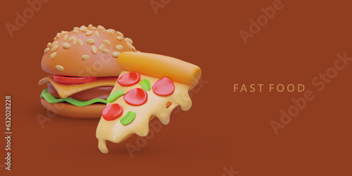 Tasty colorful 3d burger and slice of pizza with sausage. Web poster for food store with place for text. Fast food concept. Vector illustration with brown background