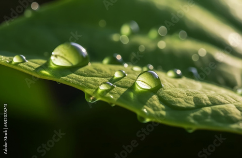 Large beautiful drops of transparent rain water on a green leaf macro. Drops of dew in the morning glow in the sun. Beautiful leaf texture in nature. Natural, Generative AI