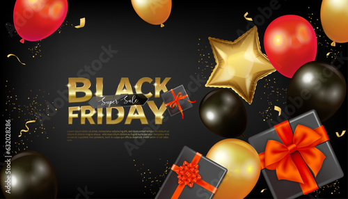 Modern black friday sale background, poster with balloons and gifts