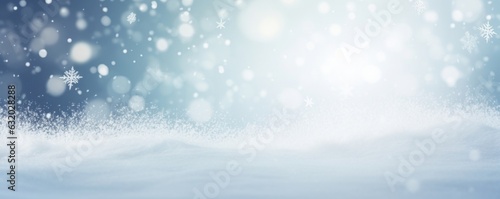 Winter snow background with snowdrifts, with beautiful light and snow flakes on the blue sky, beautiful bokeh circles, banner format, copy space, Generative AI © Anupam